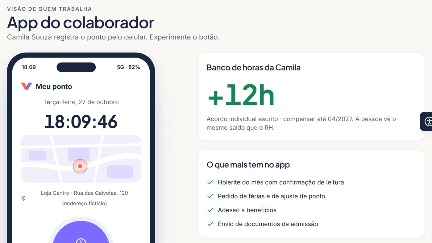 App do colaborador da Vela RH: registro de ponto pelo celular e banco de horas da pessoa