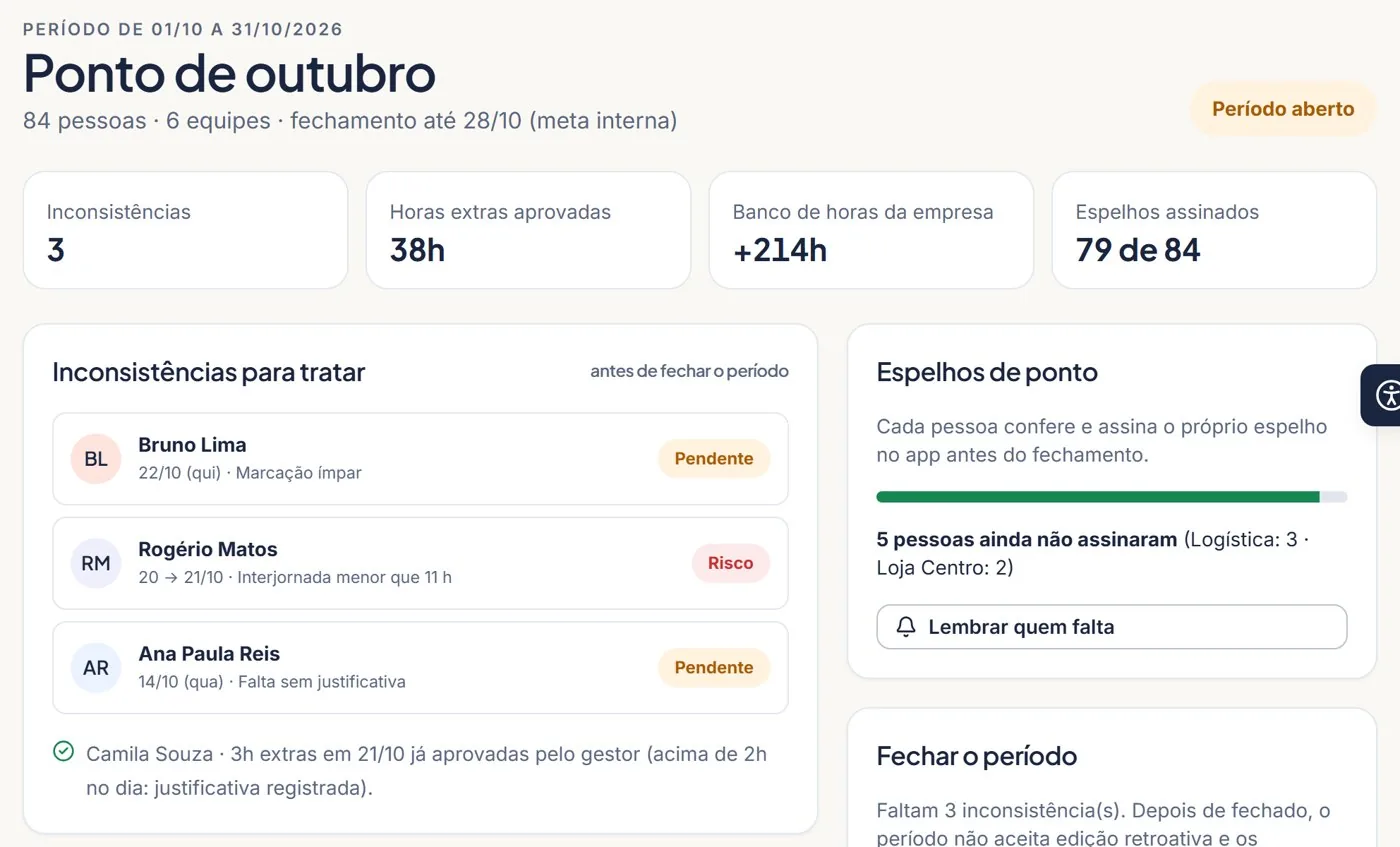 Tela de ponto da Vela RH com 3 inconsistências para tratar antes de fechar o período