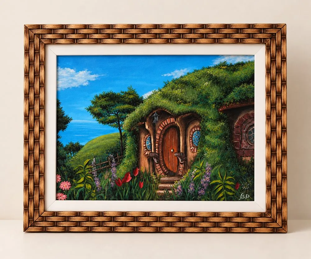Pintura em tela de uma casinha de toca numa colina verde, com porta redonda, numa moldura rústica