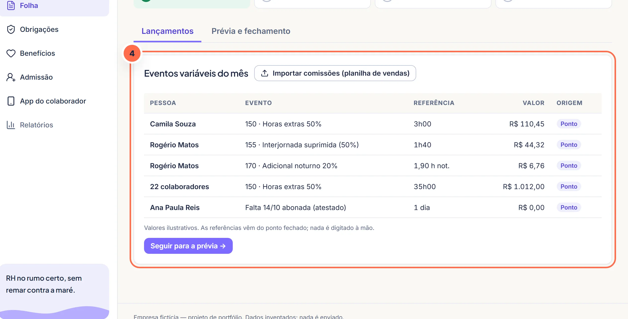 Tela da Vela no passo 4: Depois de aprovadas, as horas chegam à folha com a origem.