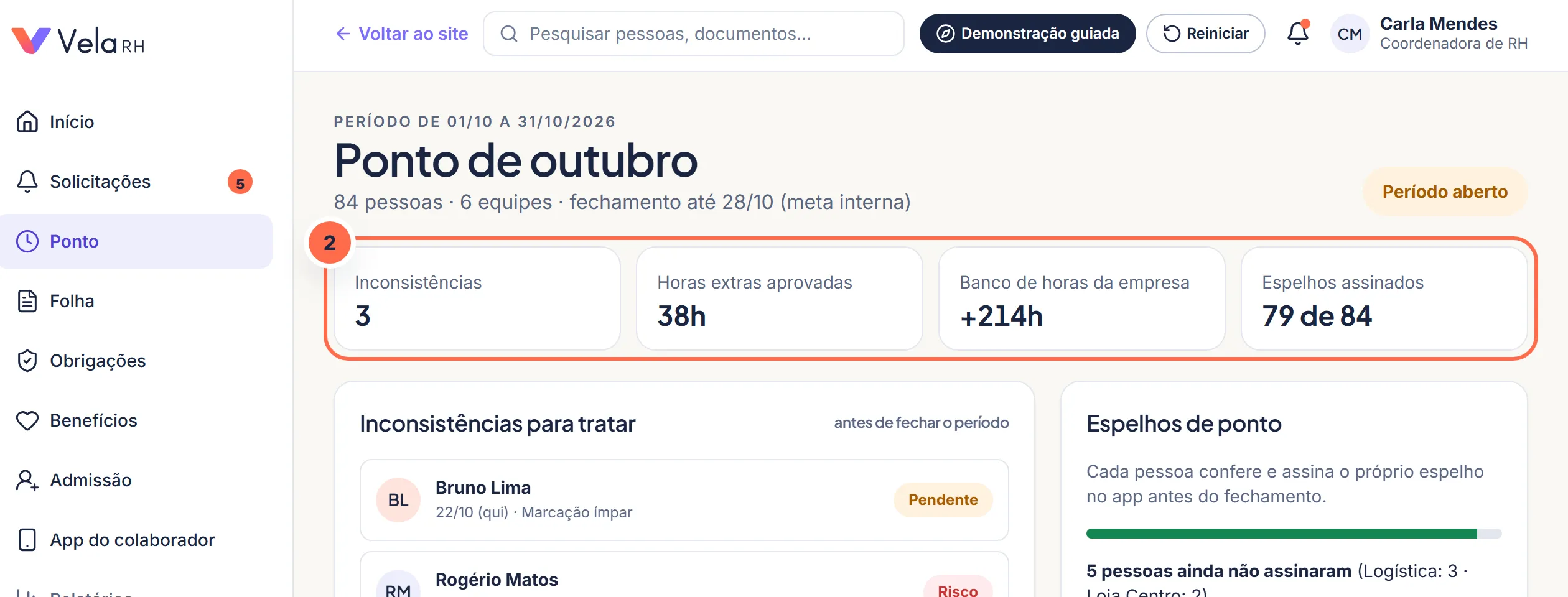 Tela da Vela no passo 2: O saldo de banco de horas aparece no resumo do período.