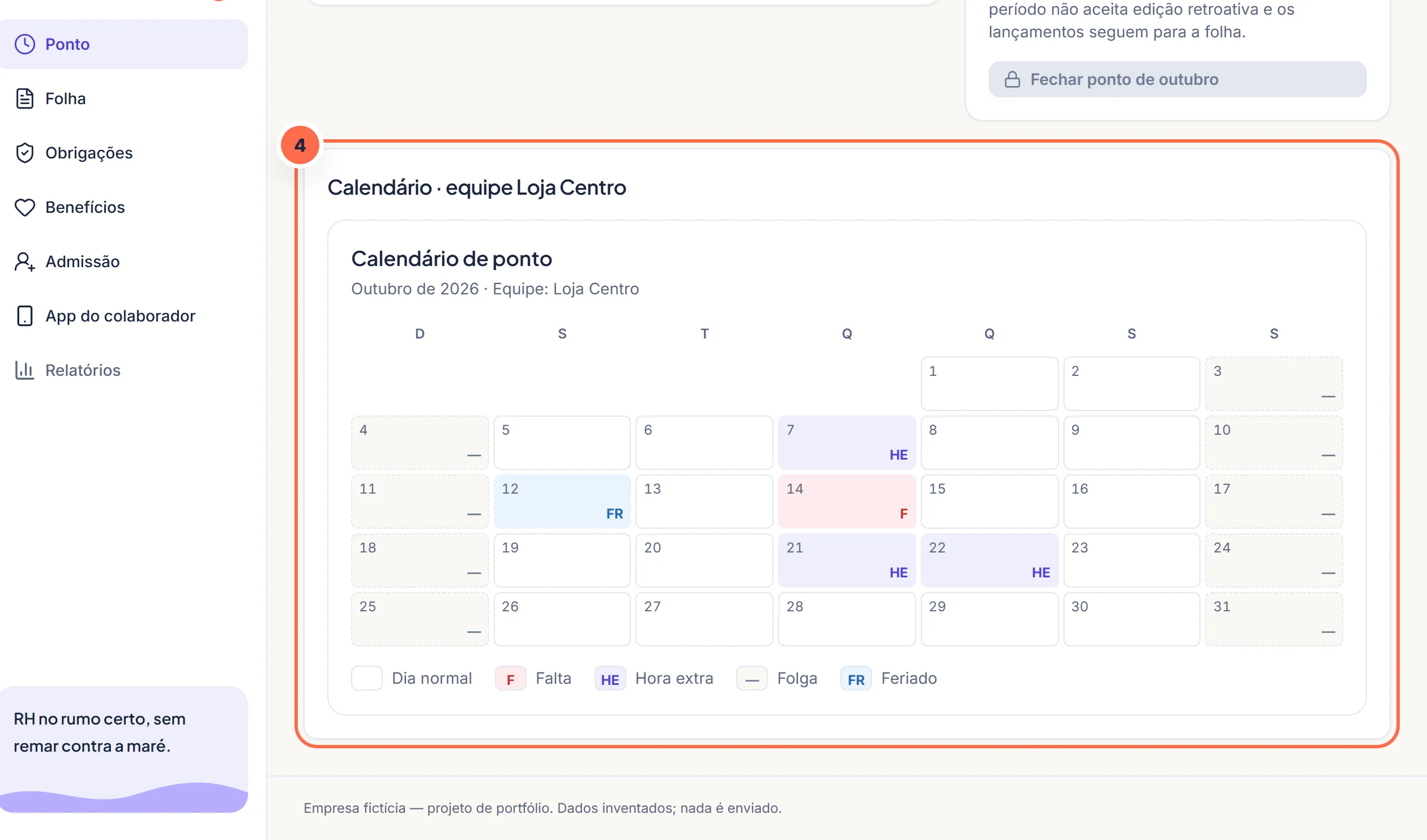 Tela da Vela no passo 4: Folgas e feriados aparecem no calendário com sigla e legenda.