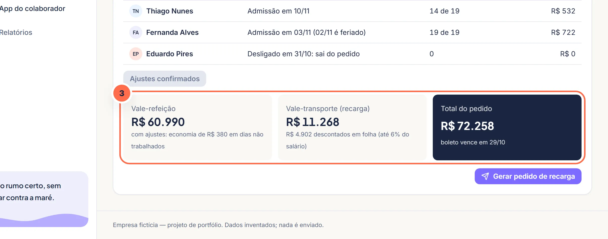 Tela da Vela no passo 3: O pedido mostra a recarga e o que é descontado em folha.