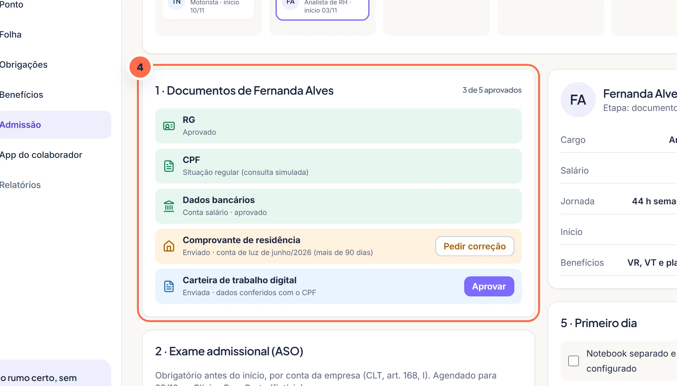 Tela da Vela no passo 4: Os documentos enviados pelo celular chegam com o estado de cada um.