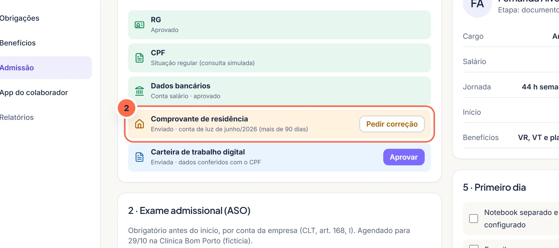 Tela da Vela no passo 2: Documento com problema: “Pedir correção” devolve com o motivo.