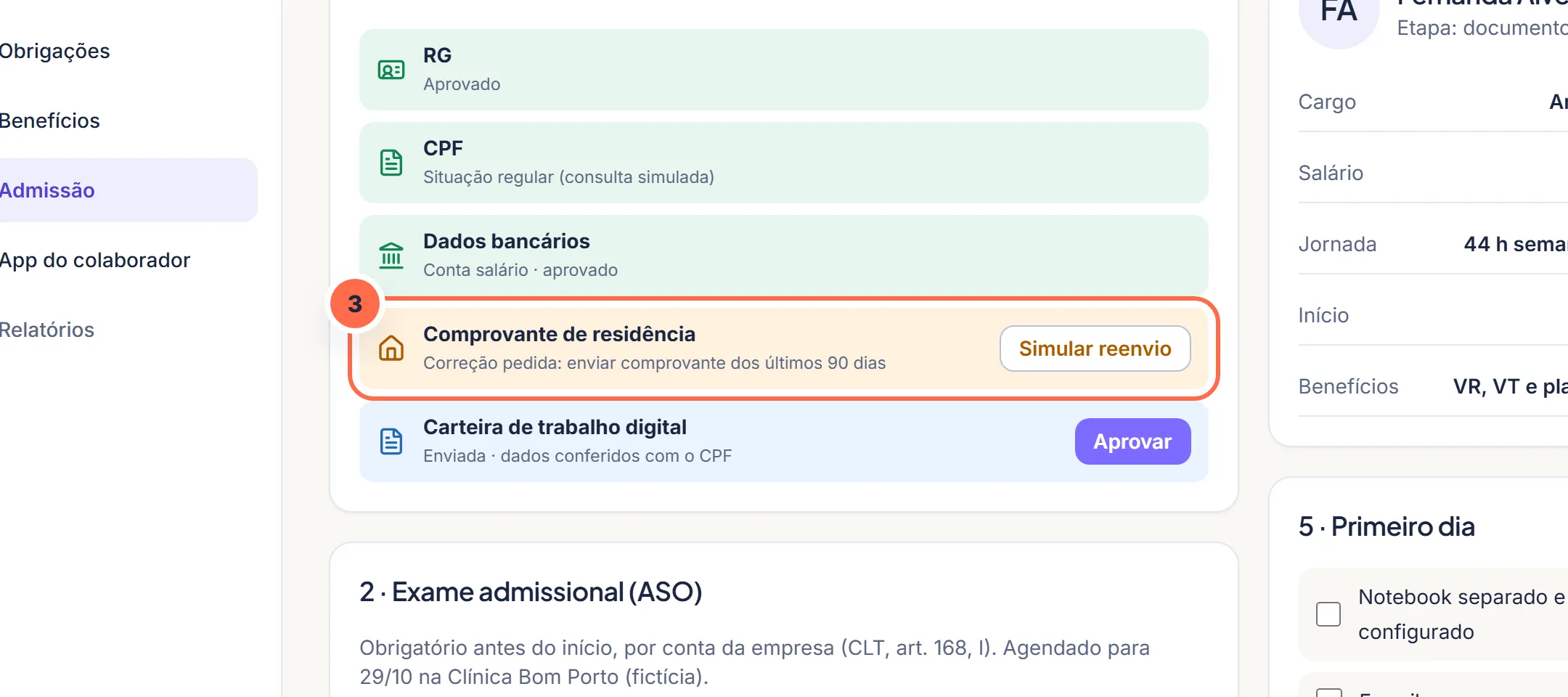 Tela da Vela no passo 3: O item fica marcado até a pessoa reenviar.