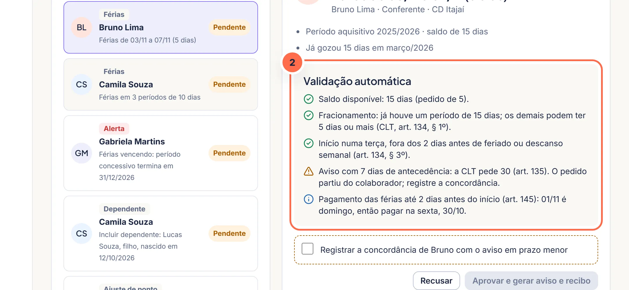 Tela da Vela no passo 2: A validação aponta o que atende e o que pede atenção, como o aviso em prazo menor que 30 dias.