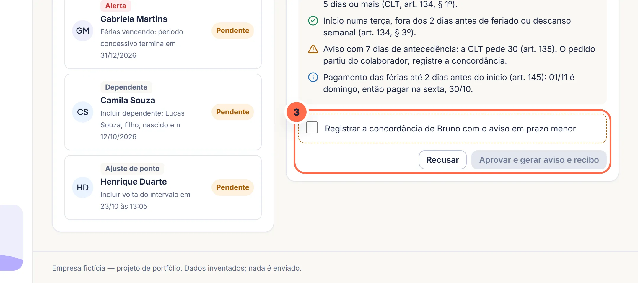 Tela da Vela no passo 3: A decisão registra a concordância da pessoa quando a lei exige e dispara o aviso para assinatura.