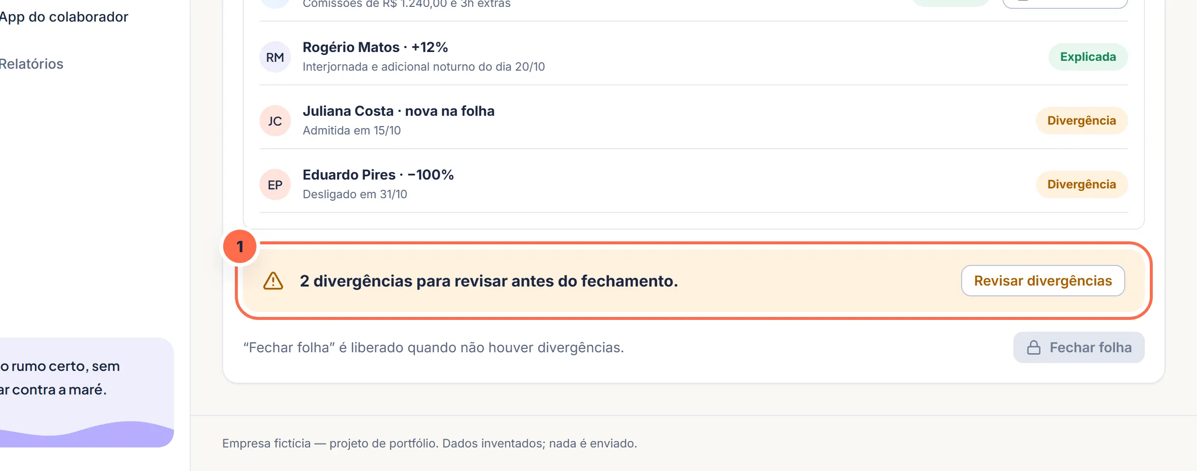 Tela da Vela no passo 1: O alerta amarelo mostra quantas divergências faltam revisar.