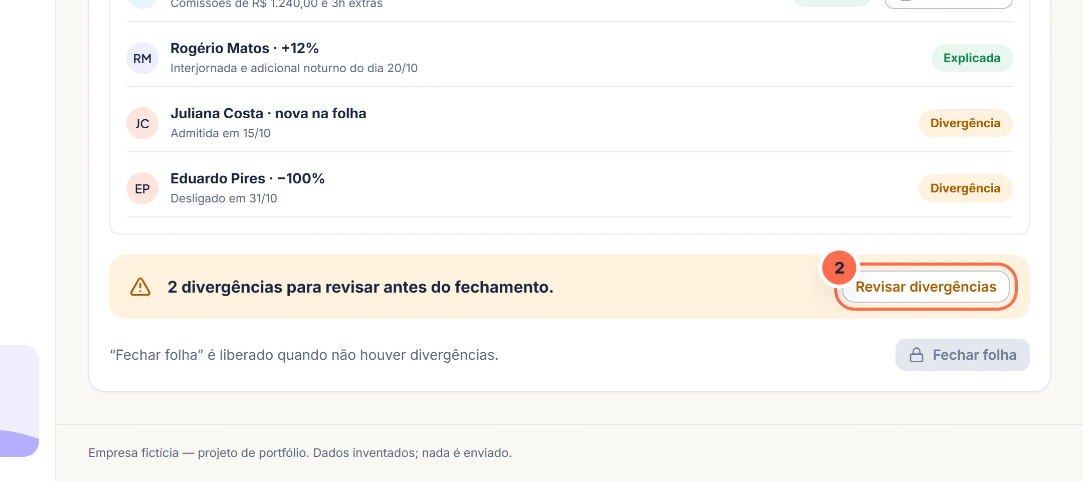 Tela da Vela no passo 2: O botão “Revisar divergências” abre a lista.
