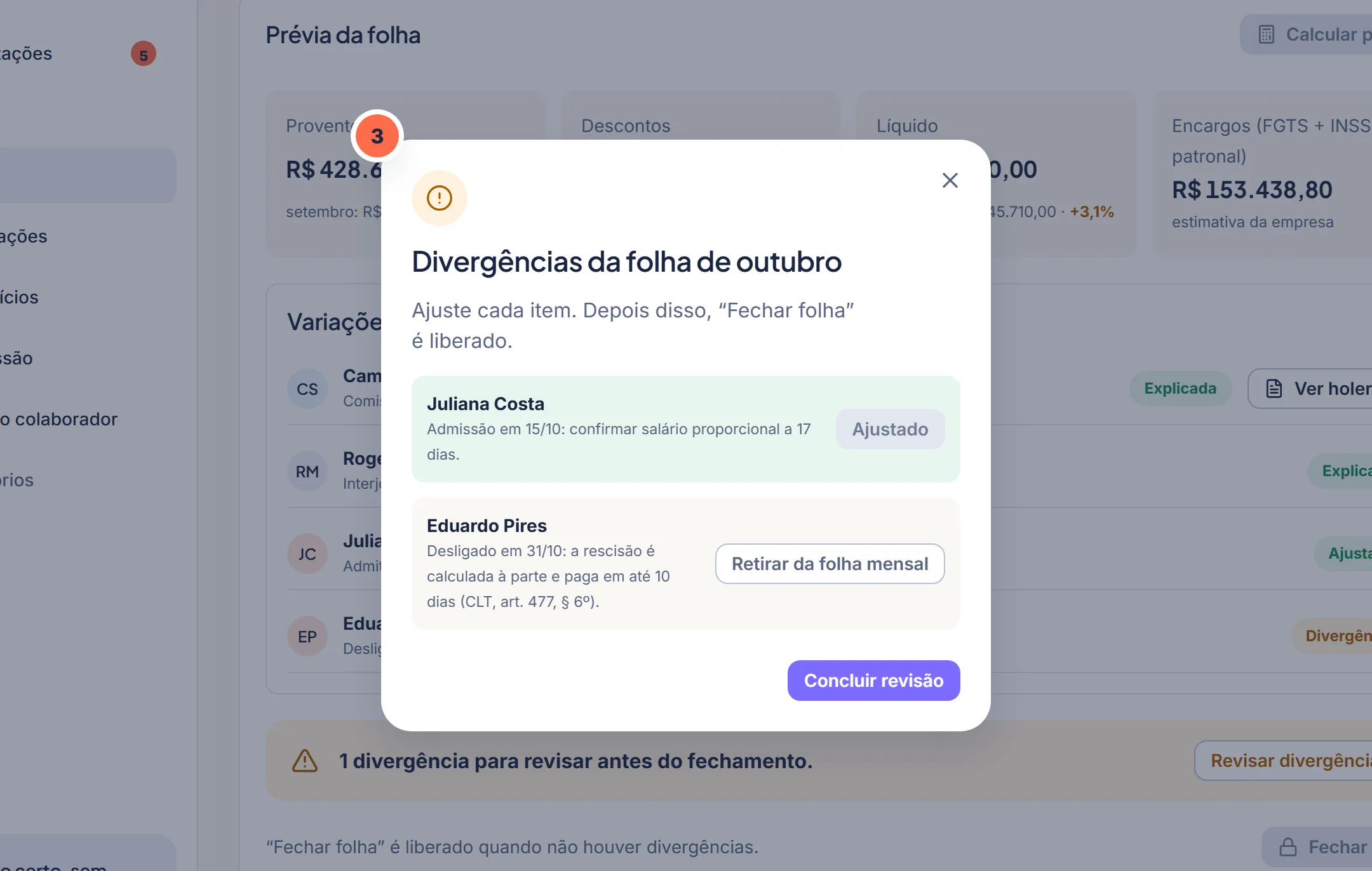 Tela da Vela no passo 3: Cada divergência traz a causa e a ação sugerida.