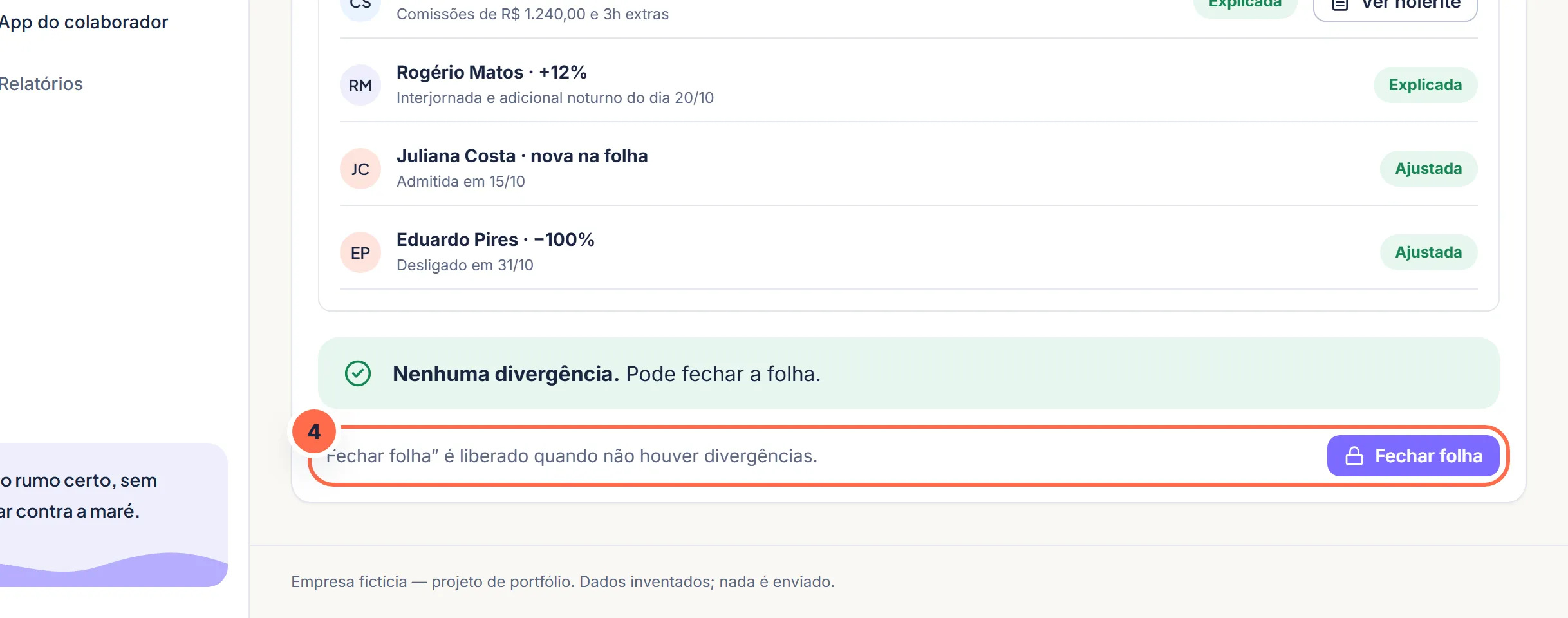 Tela da Vela no passo 4: Sem divergências, “Fechar folha” fica liberado.