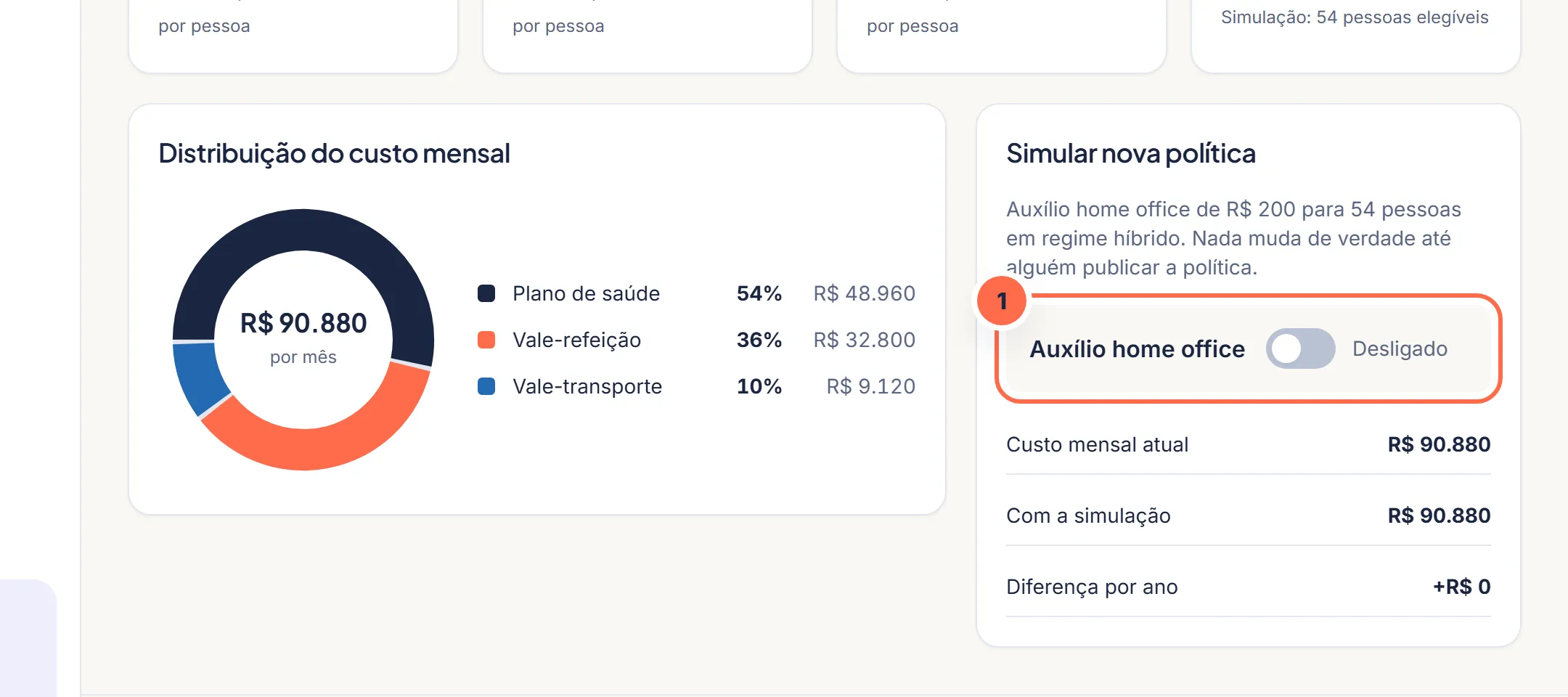 Tela da Vela no passo 1: A simulação fica em Benefícios › Custos e simulação.